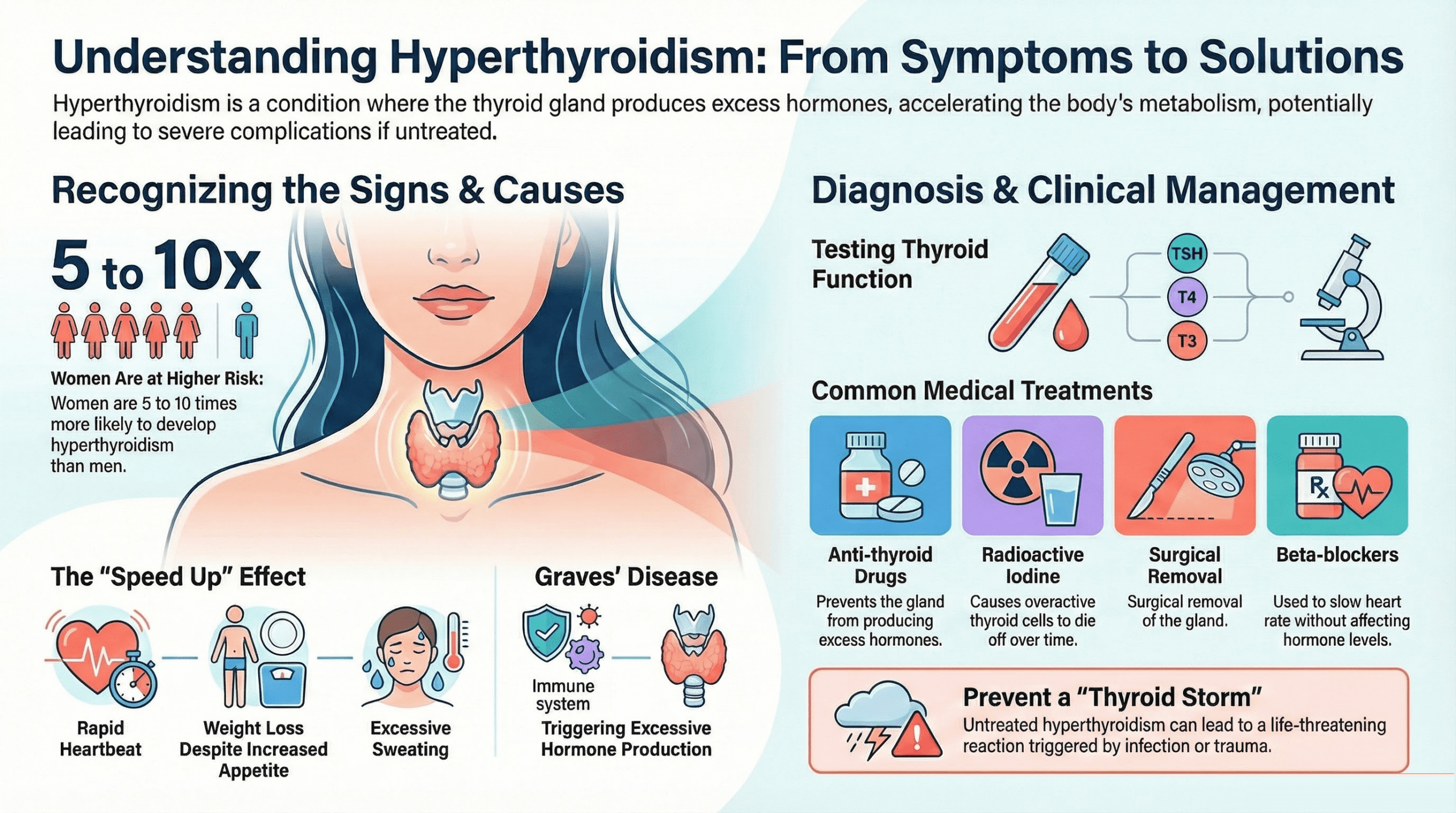 Overactive thyroid symptoms infographic showing diagnosis, treatment options, and NHS vs private costs in 2026