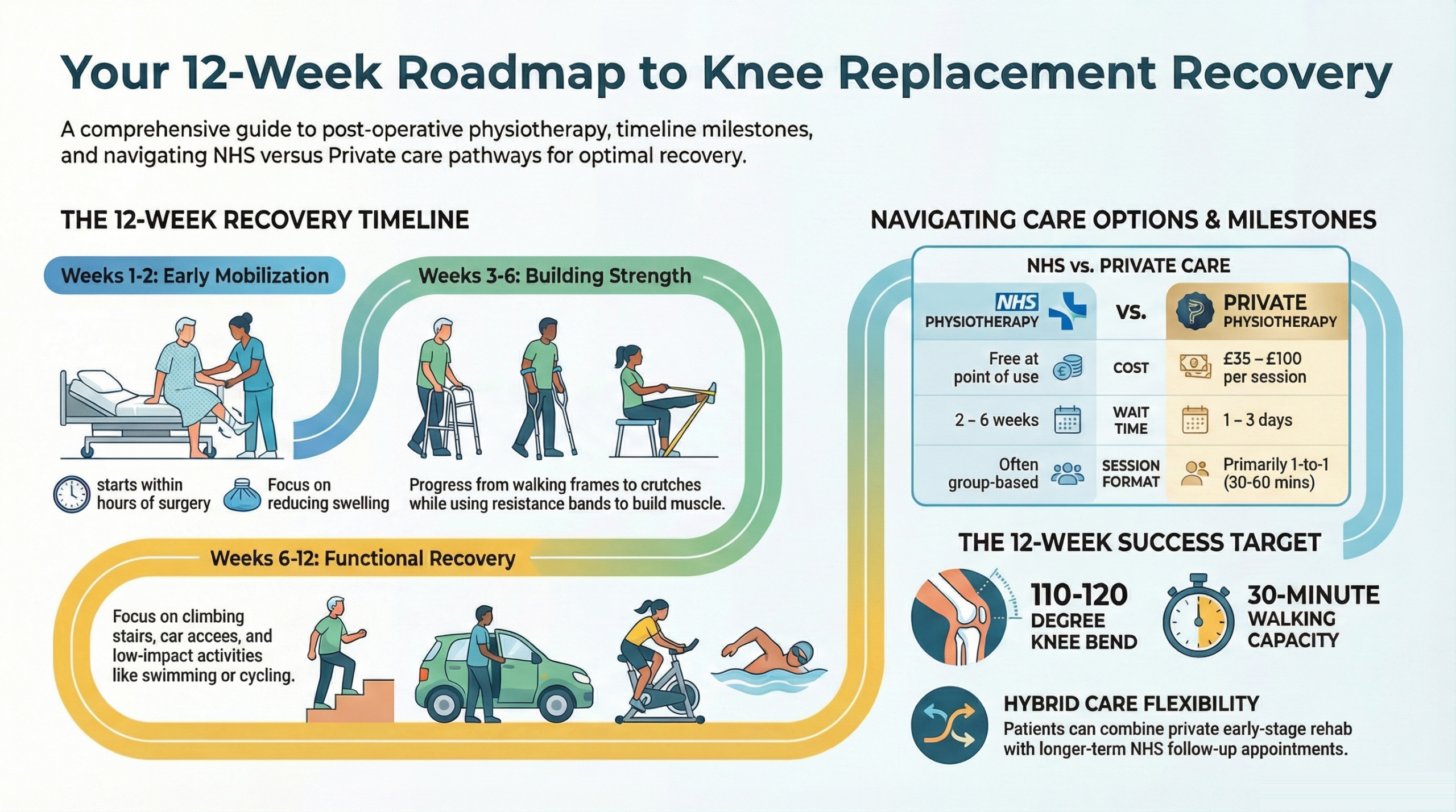 Physiotherapy after knee replacement - infographic showing recovery timeline, exercises, NHS vs private physio options and costs