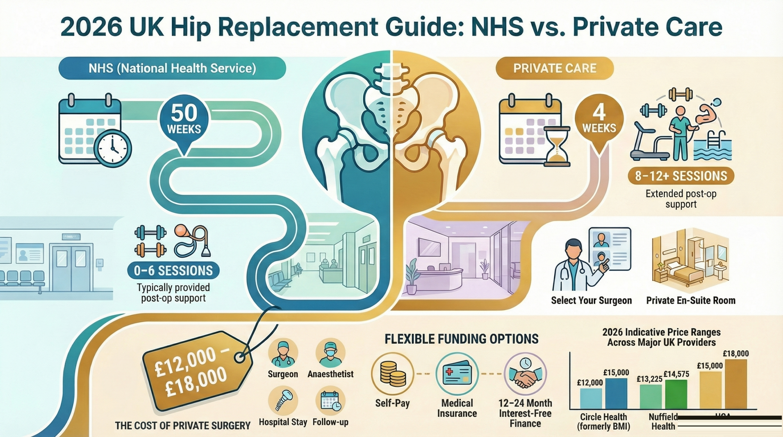Private hip replacement 2026 UK guide - NHS vs private costs, waiting times, and key differences compared