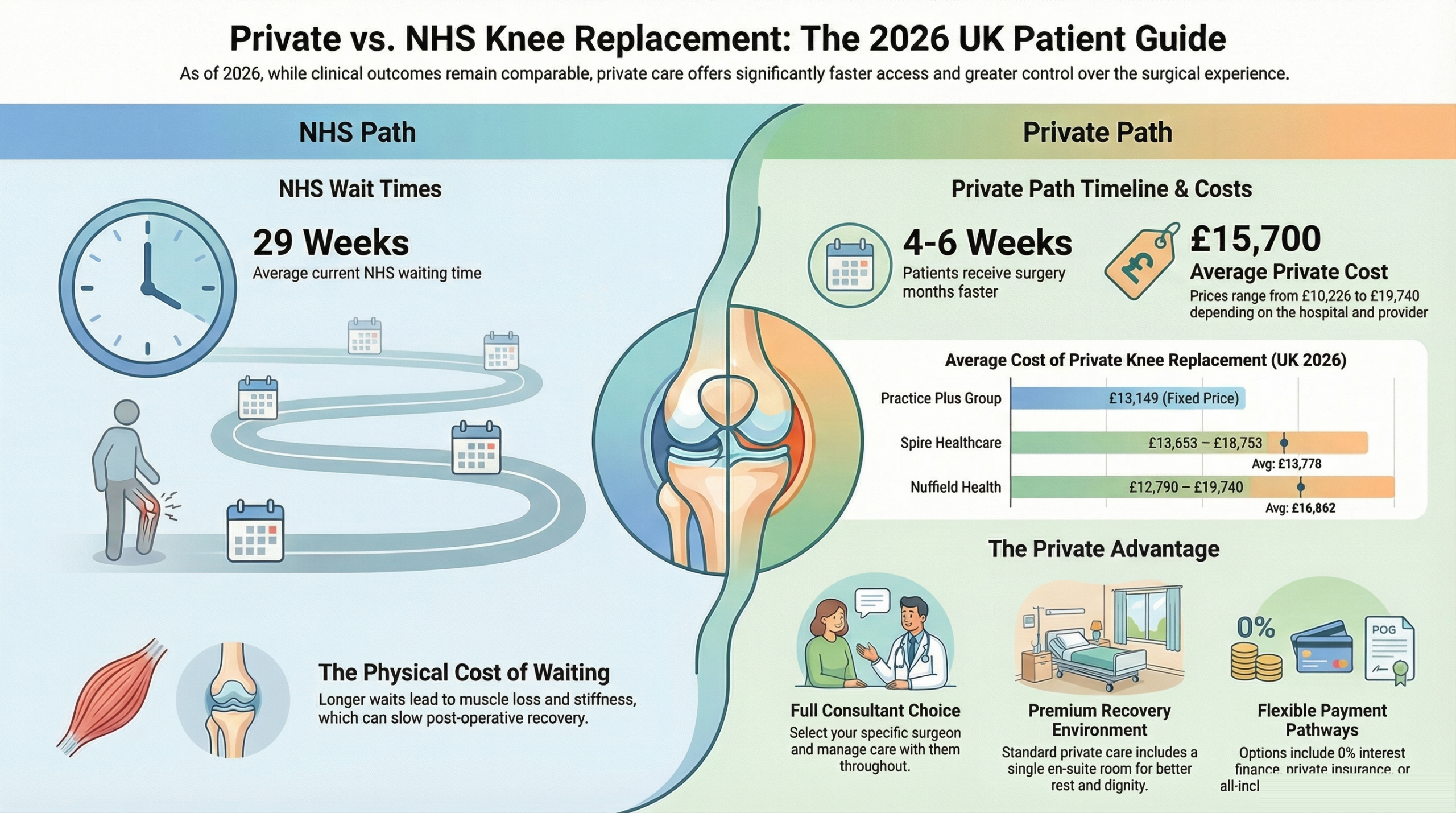 Why choose private knee replacement - infographic comparing NHS vs private costs, waiting times, and benefits for UK patients