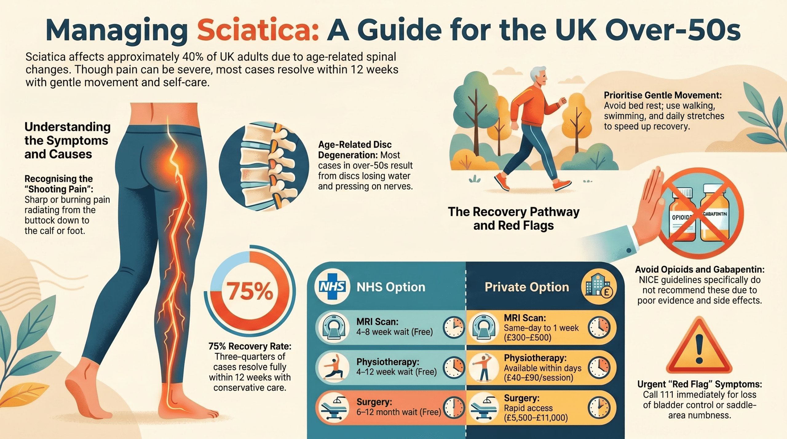 The Best of Health sciatica guide for over-50s - causes, symptoms, NHS first-line care, when to see a GP urgently, treatment options, and recovery timeline