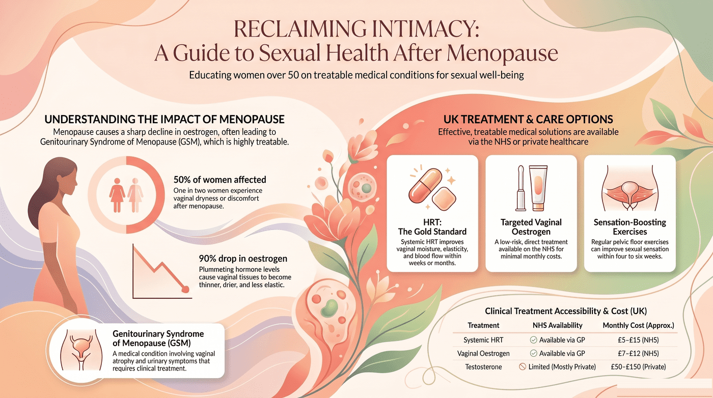 Sex after menopause treatments infographic - HRT vaginal oestrogen and lubricant options for women over 50