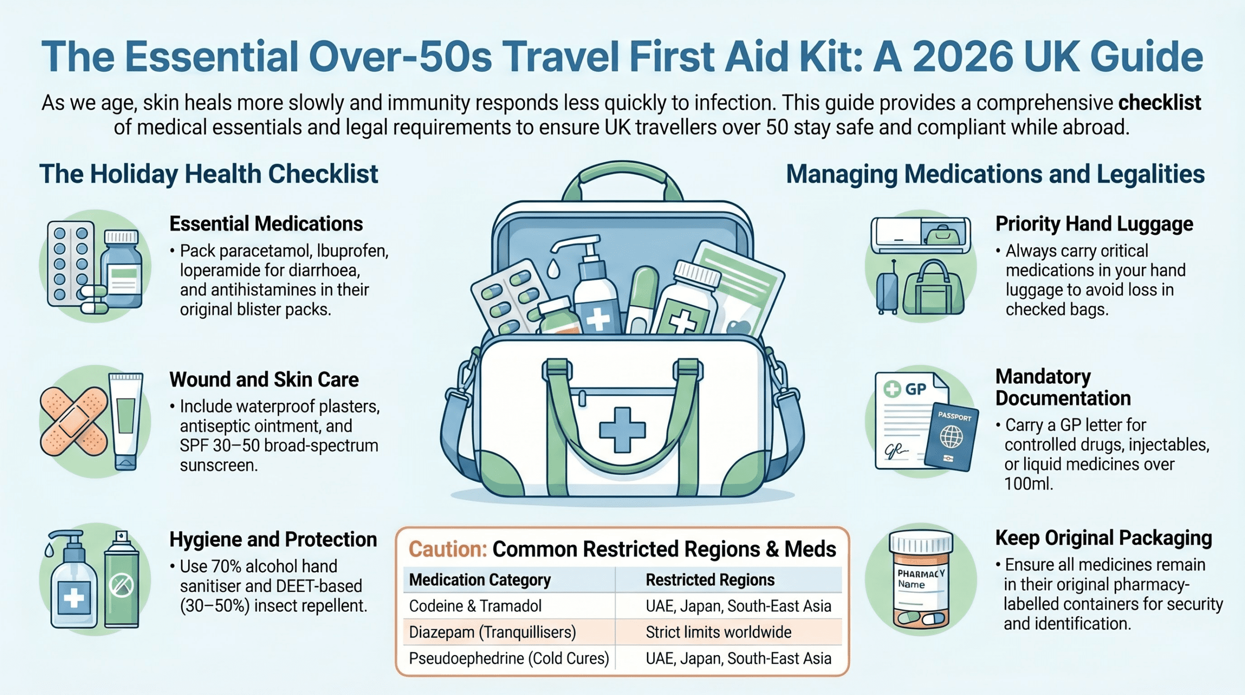 The Best of Health travel first aid kit checklist for over-50s - holiday health essentials, hygiene, restricted medicines, managing existing conditions