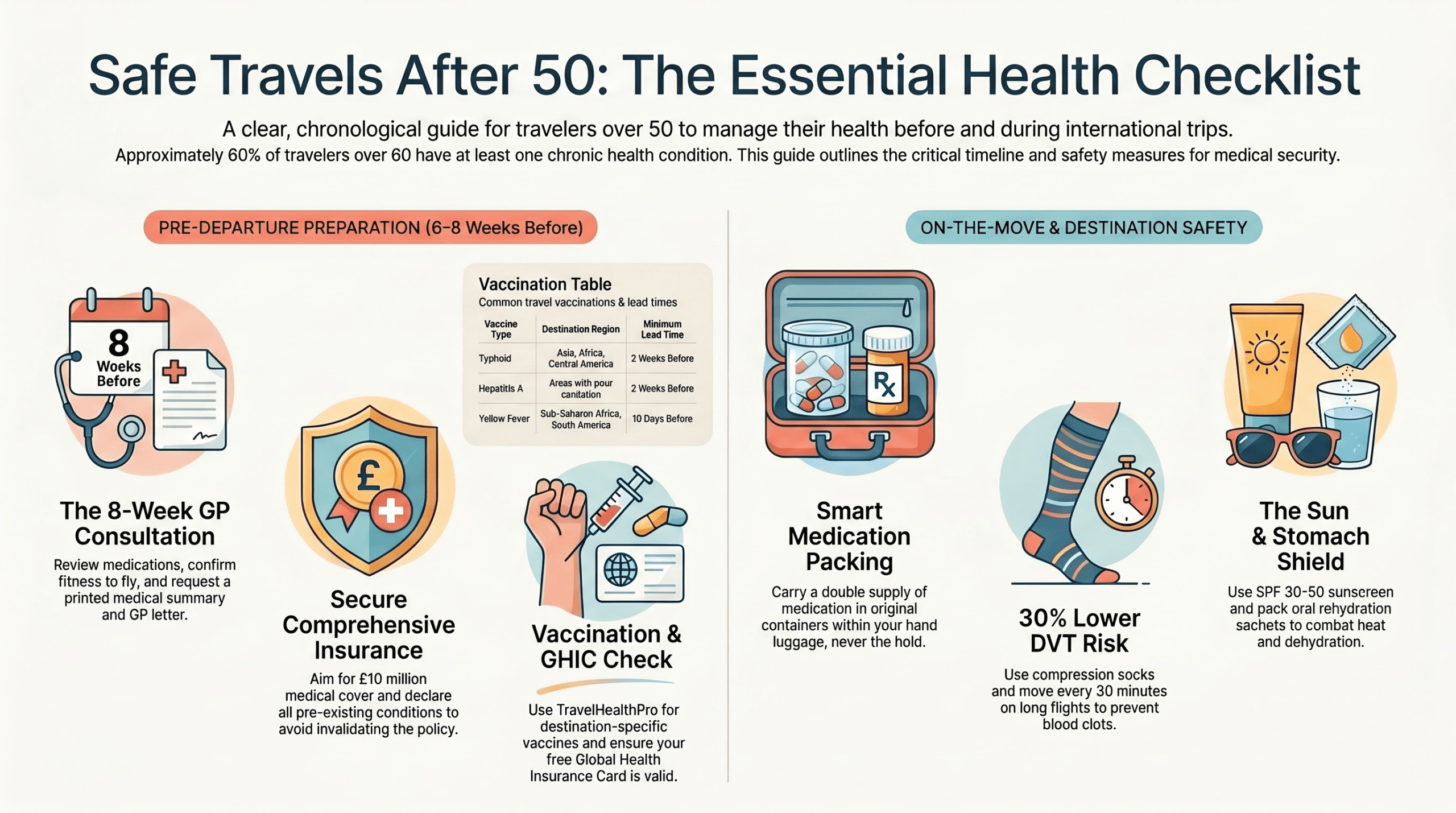 Travel health checklist for over 50s - 6 essential pre-trip steps including GP appointment, vaccinations, travel insurance, GHIC card, DVT prevention and packing essentials