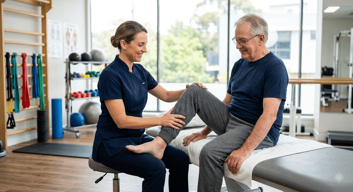 Physiotherapist assessing knee range of movement after knee replacement