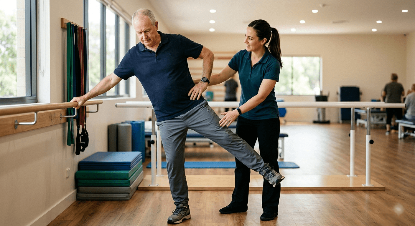 physiotherapy after hip replacement - patient doing standing hip exercise with physiotherapist