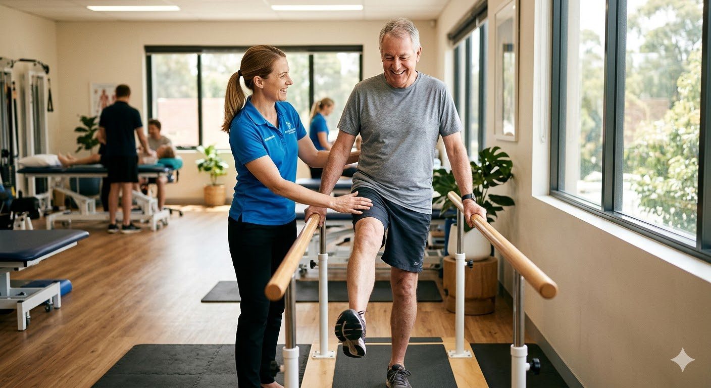 Physiotherapy after hip replacement — physiotherapist helping an older man with rehabilitation exercises using parallel bars in a bright modern clinic