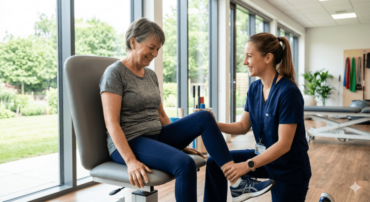 Physiotherapy after knee replacement - woman doing gentle leg exercises with physiotherapist in rehabilitation clinic