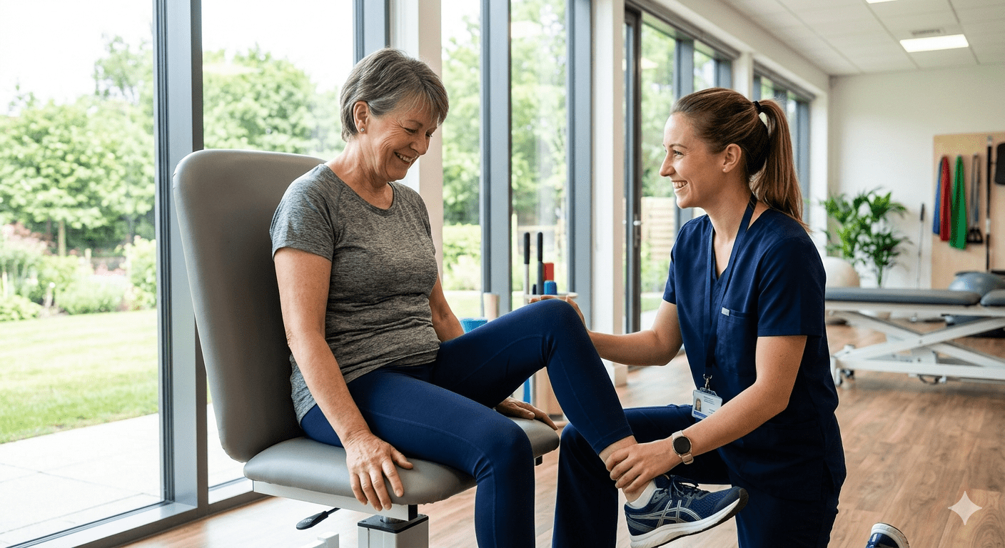 Physiotherapy after knee replacement - woman doing gentle leg exercises with physiotherapist in rehabilitation clinic