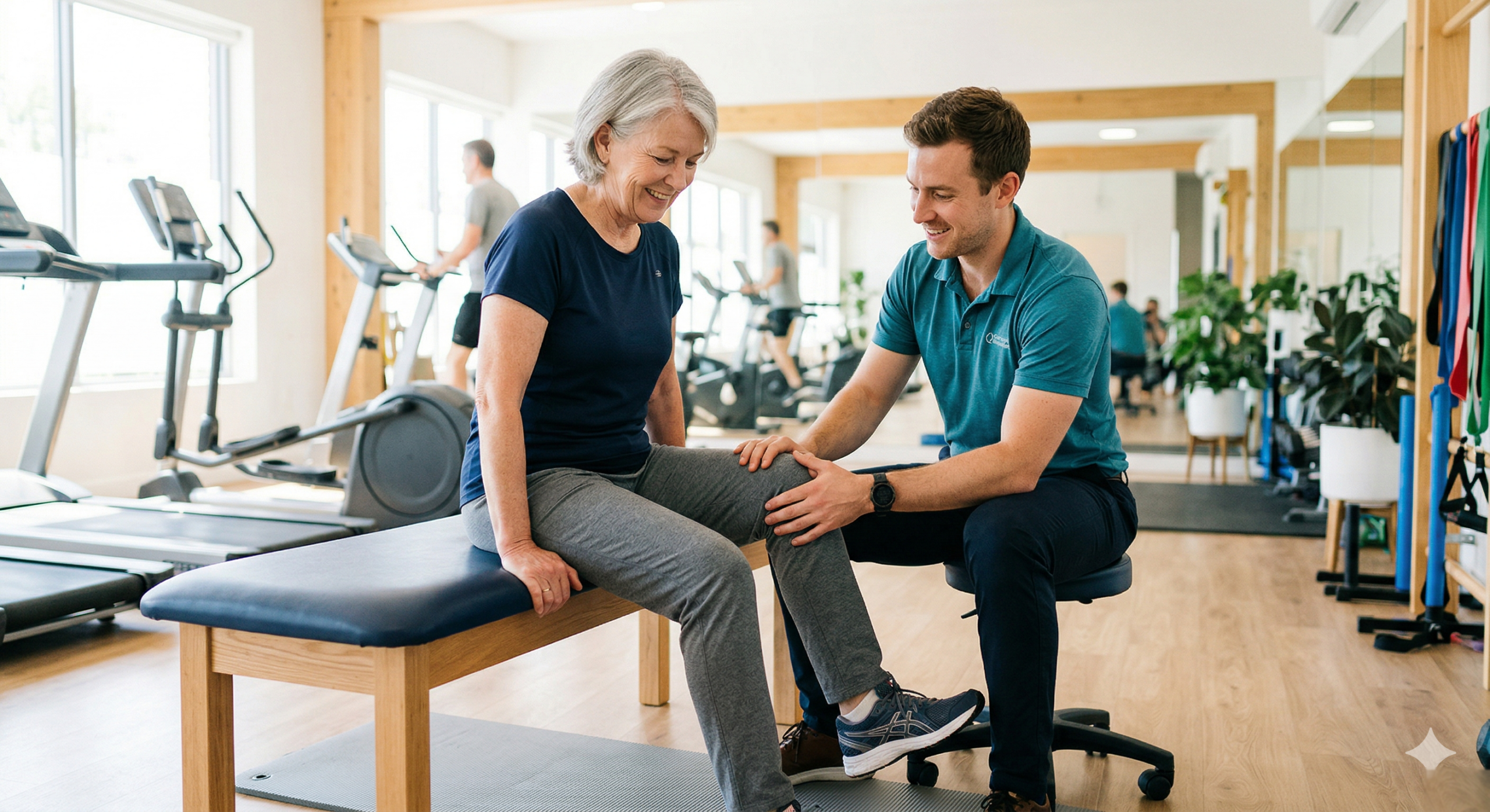 physiotherapy after knee replacement - patient doing seated knee bend exercise with physiotherapist