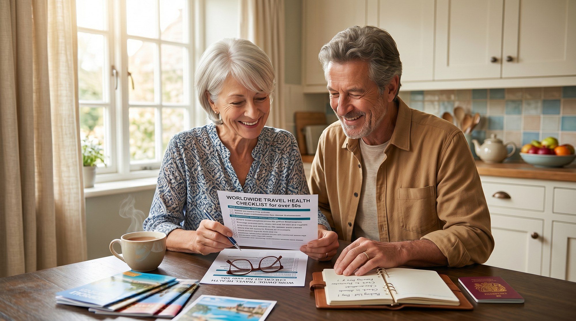 Travel health checklist for over 50s - couple reviewing pre-trip planning documents at home