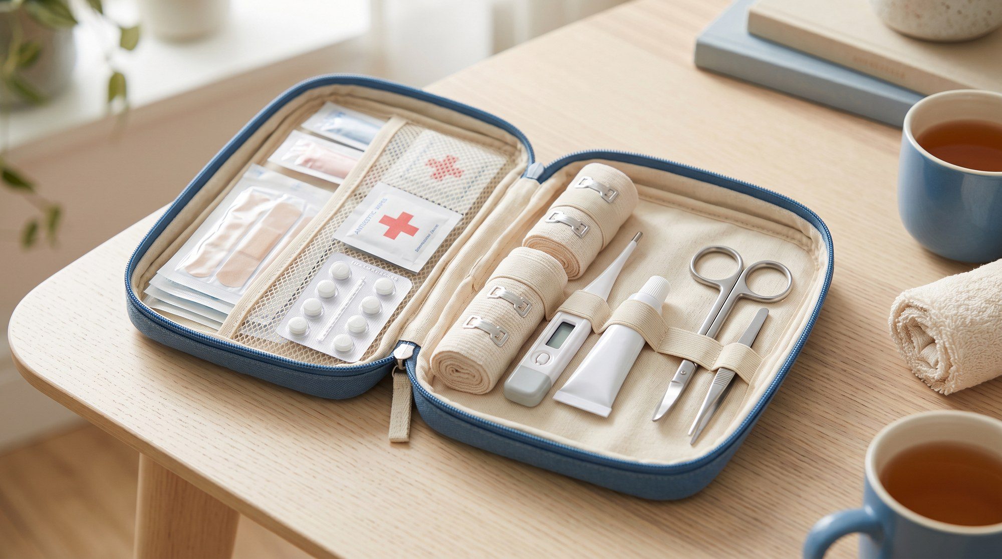 Travel health checklist for over 50s - open travel first-aid kit with plasters, antiseptic, scissors, tweezers and essential supplies