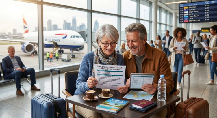 Travel health checklist for over 50s - couple at international airport reviewing travel documents and passport before their holiday
