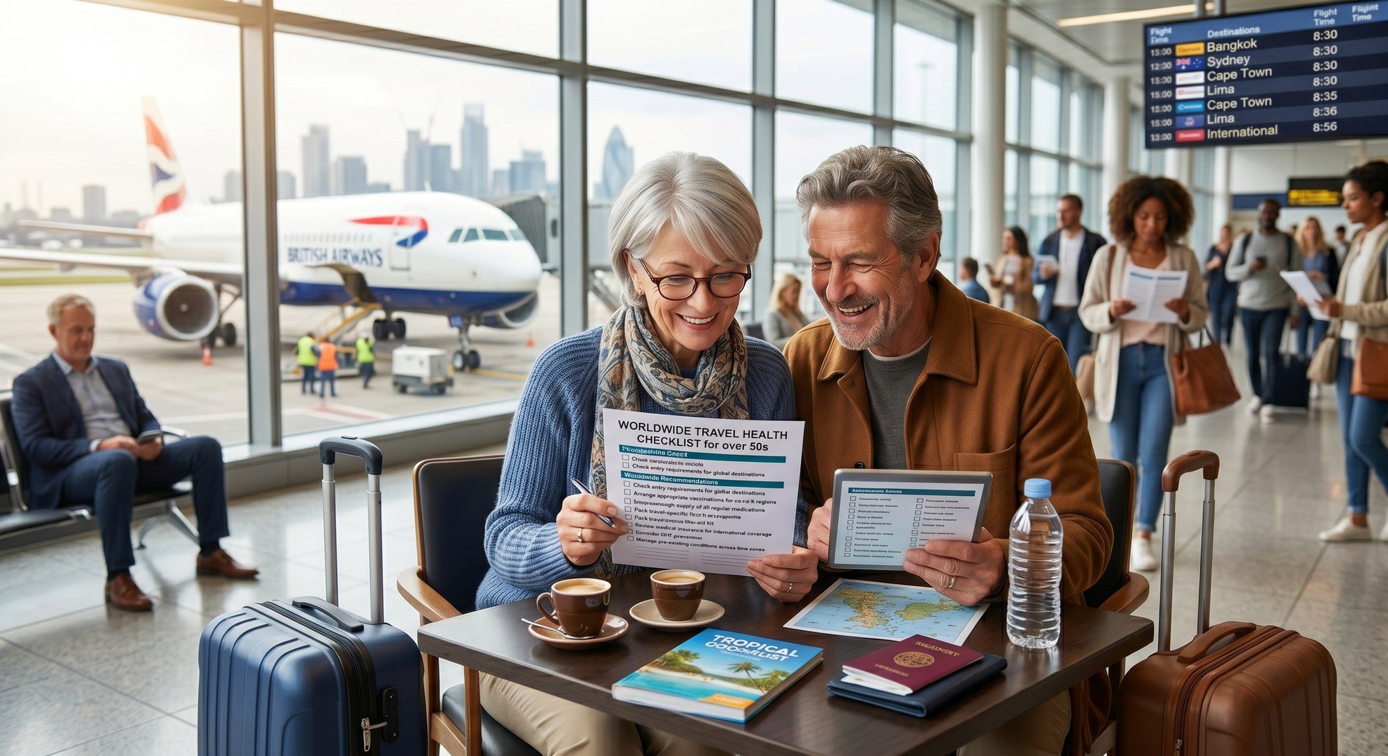 Travel health checklist for over 50s - couple at international airport reviewing travel documents and passport before their holiday