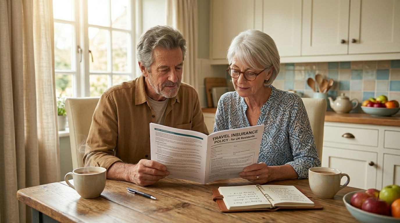 Travel insurance with medical conditions - confident UK couple in their late 50s reading a printed travel insurance policy booklet at a sunlit kitchen table