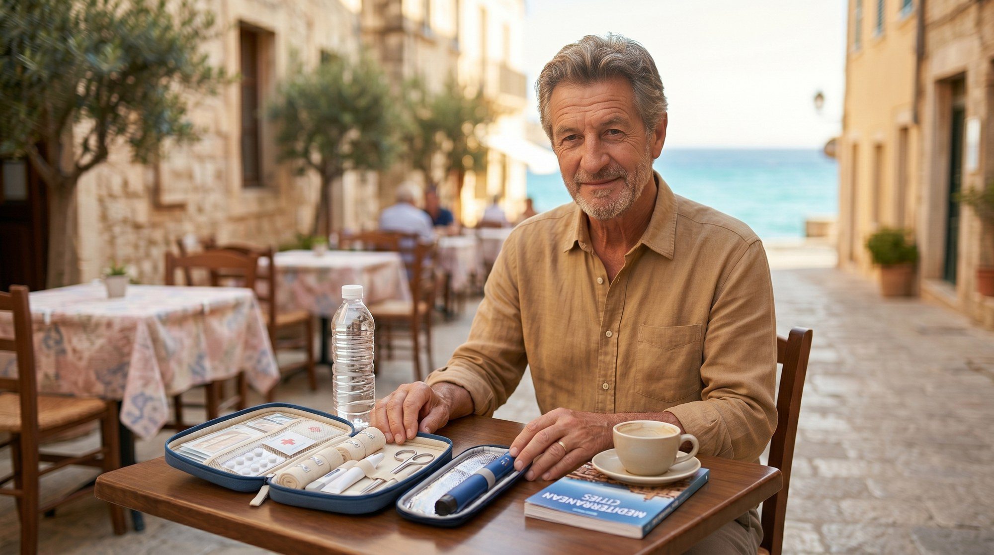 Travelling with diabetes - confident over-50 man checking blood glucose at a sunny Mediterranean cafe terrace, with insulated travel pouch open beside him