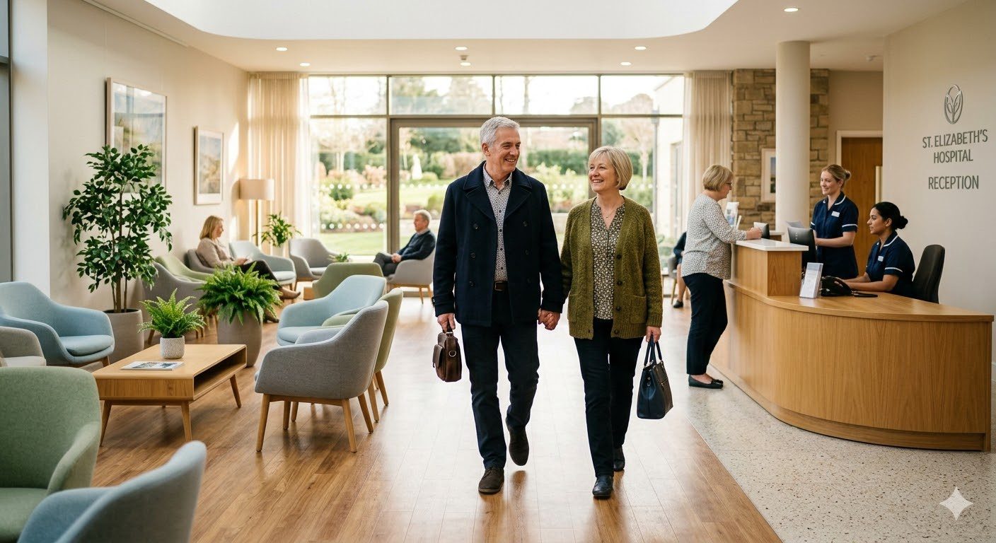 Why choose private hip replacement — relaxed couple in their 60s walking through a bright modern private hospital reception area in the UK