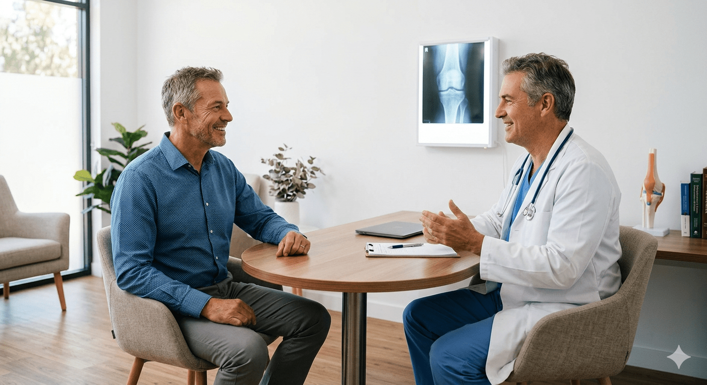 Private knee replacement consultation with orthopaedic surgeon in modern UK clinic